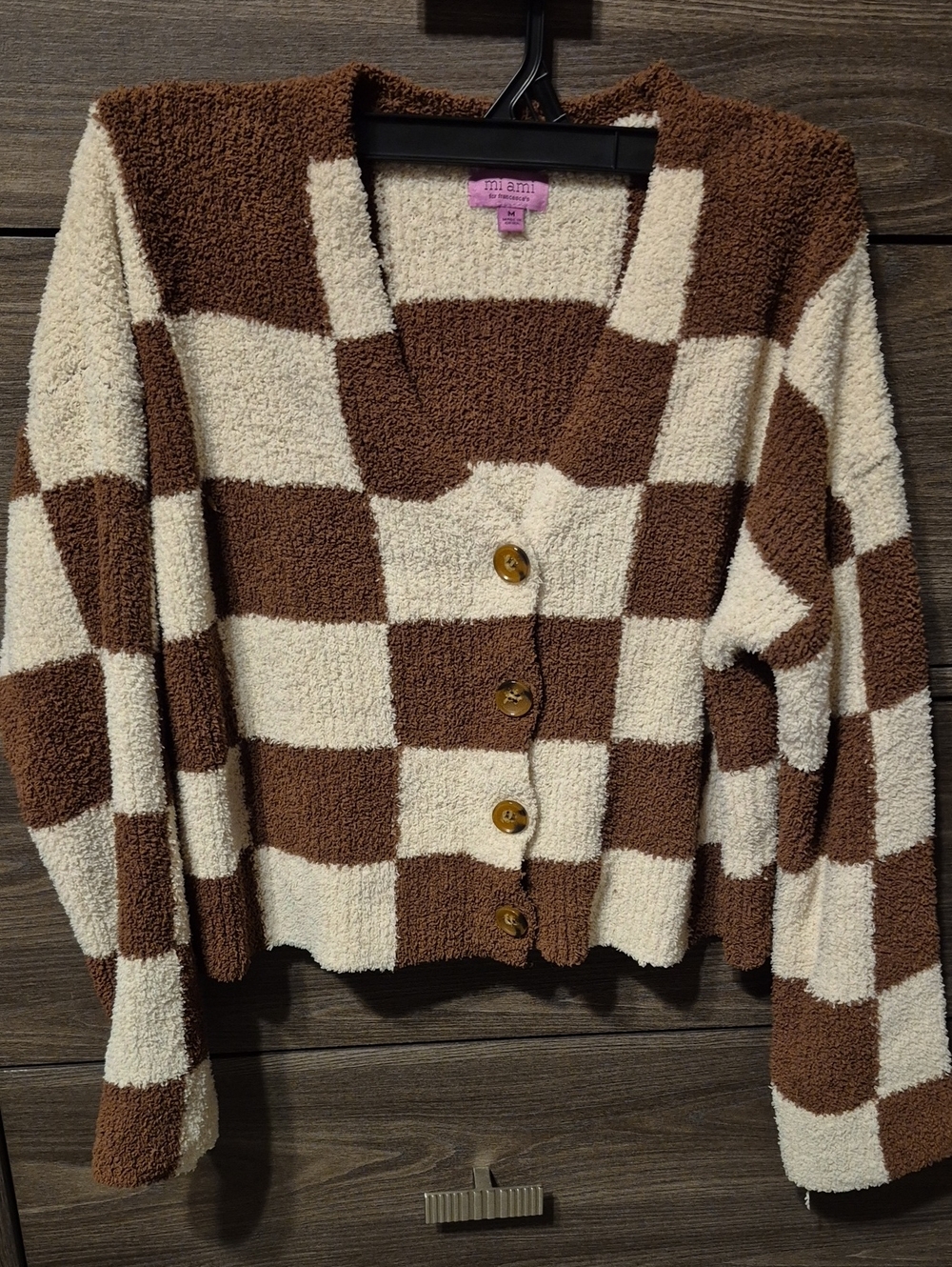 miami Brown & Cream Checkerboard Button Cardigan